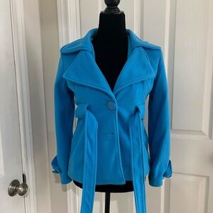 Bright Blue Girls Peacoat Jacket with Waist Tie